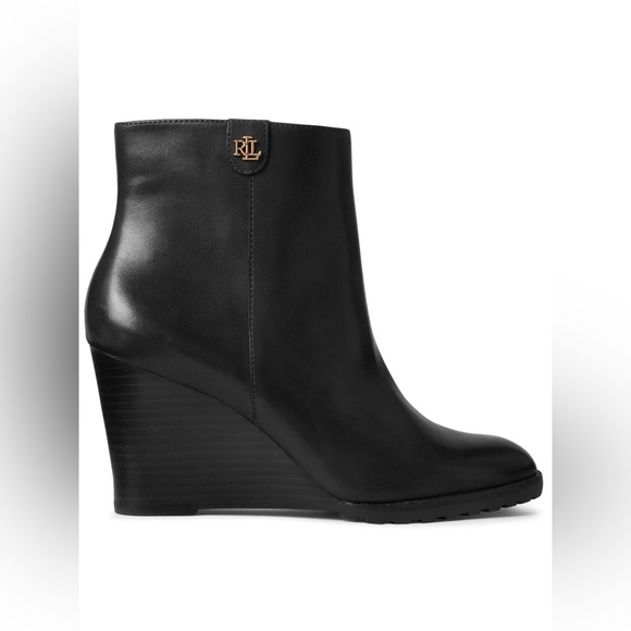 Lauren Ralph Lauren Shaley Black Leather Wedge Ankle Boots Size 10 NWOB LNC